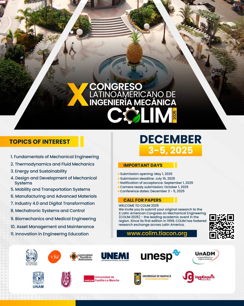 Flyer promocional del X Congreso Latinoamericano de Ingeniería Mecánica COLIM 2025